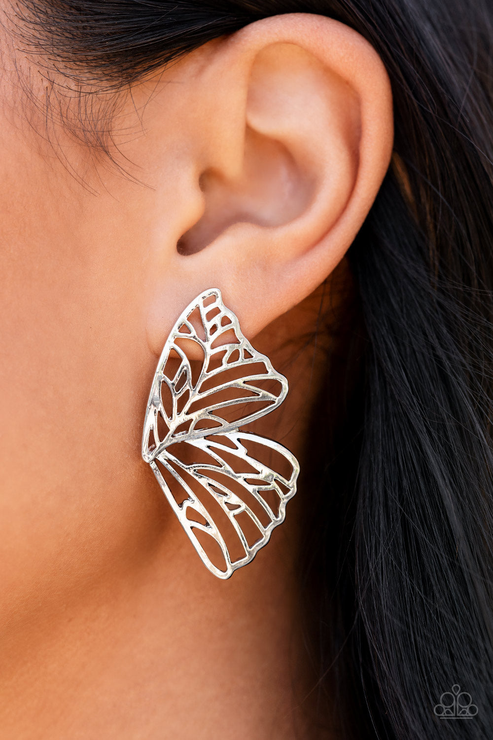 Butterfly Frills - Silver - Earrings - Paparazzi Accessories